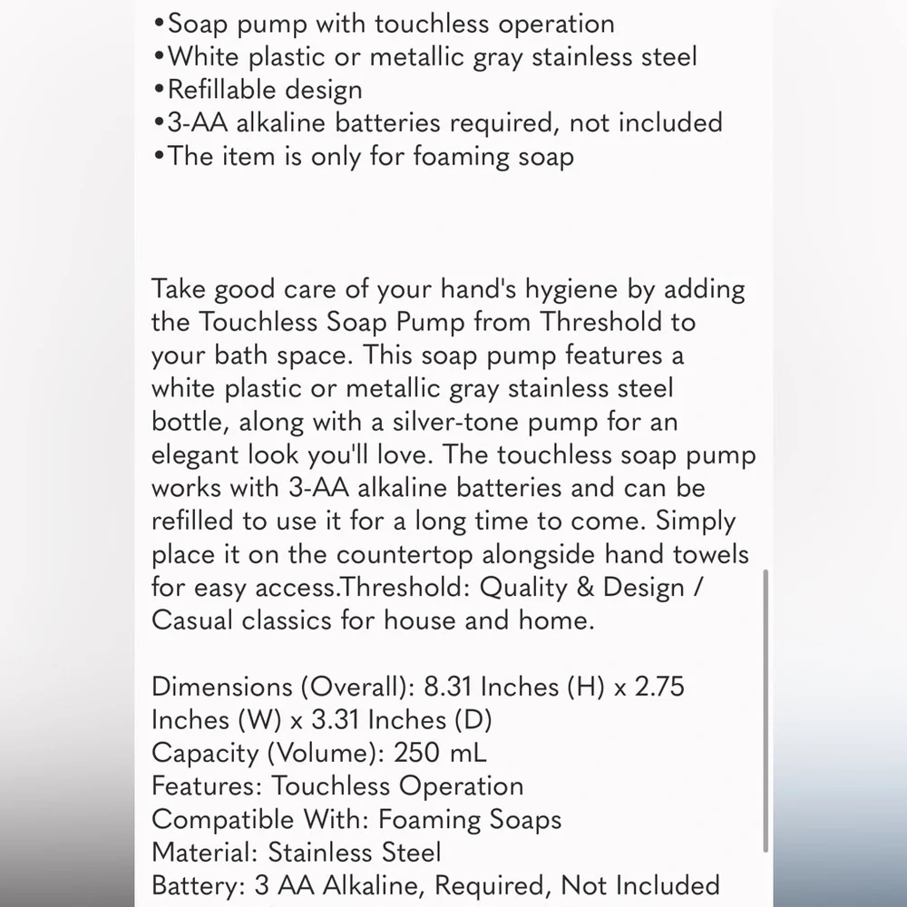 THRESHOLD NWT touchless, stainless steel soap pump